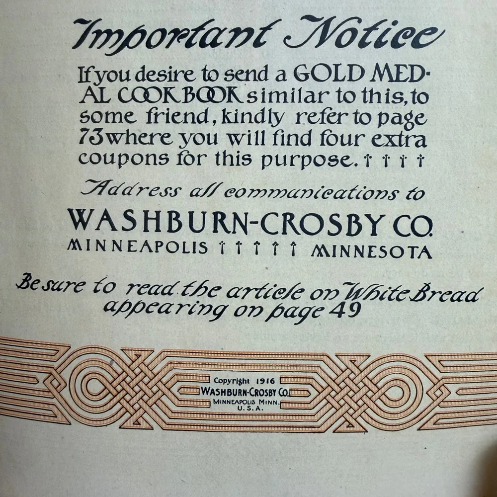 Antique 1916 Gold Medal Flour Cook Book Washburn-Crosby Co. Very Good Condition